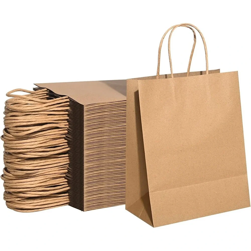 Brown Gift Bags with Handles 100PCS, 8 * 4.76 * 10 Inch Medium Kraft Paper Bags